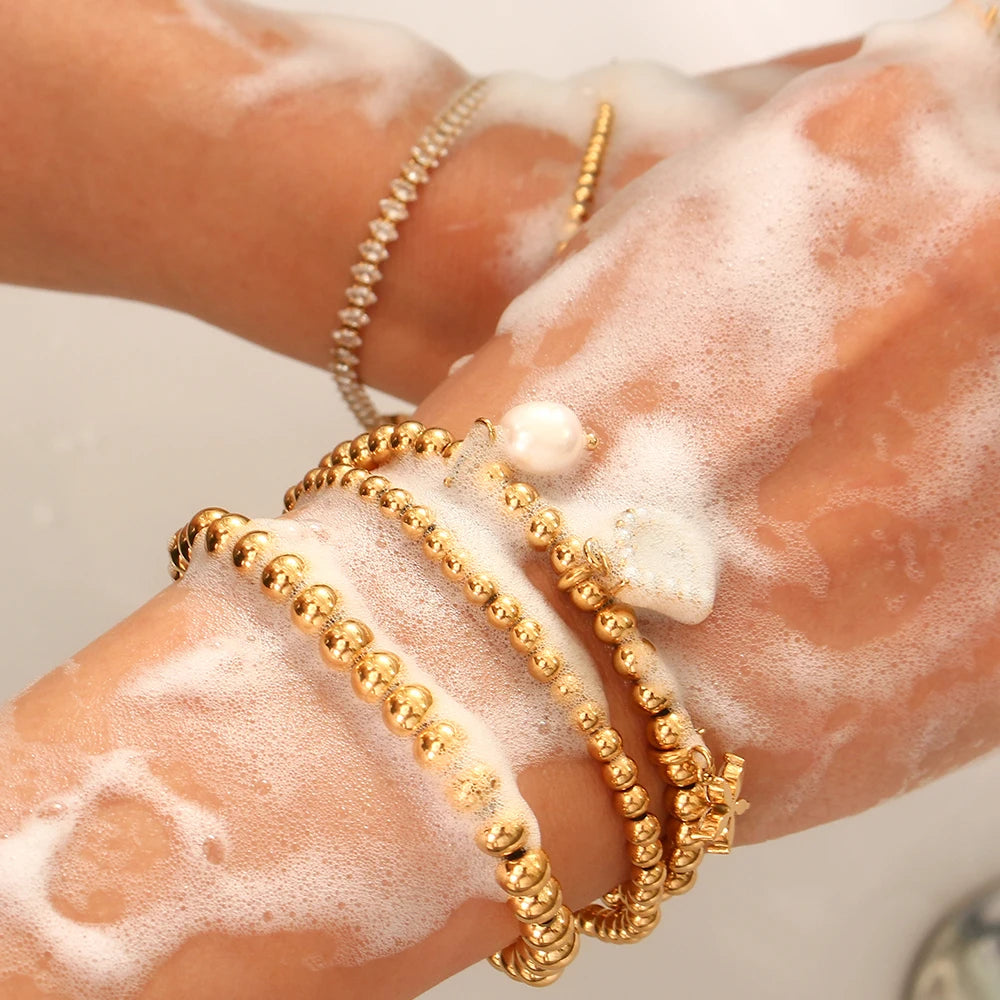 E.B.belle Gold Plated Silver Color Elastic Beads Bracelets Bangles For Woman Waterproof Stainless Steel Beaded Chain Bracelet