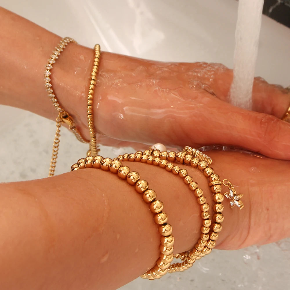 E.B.belle Gold Plated Silver Color Elastic Beads Bracelets Bangles For Woman Waterproof Stainless Steel Beaded Chain Bracelet