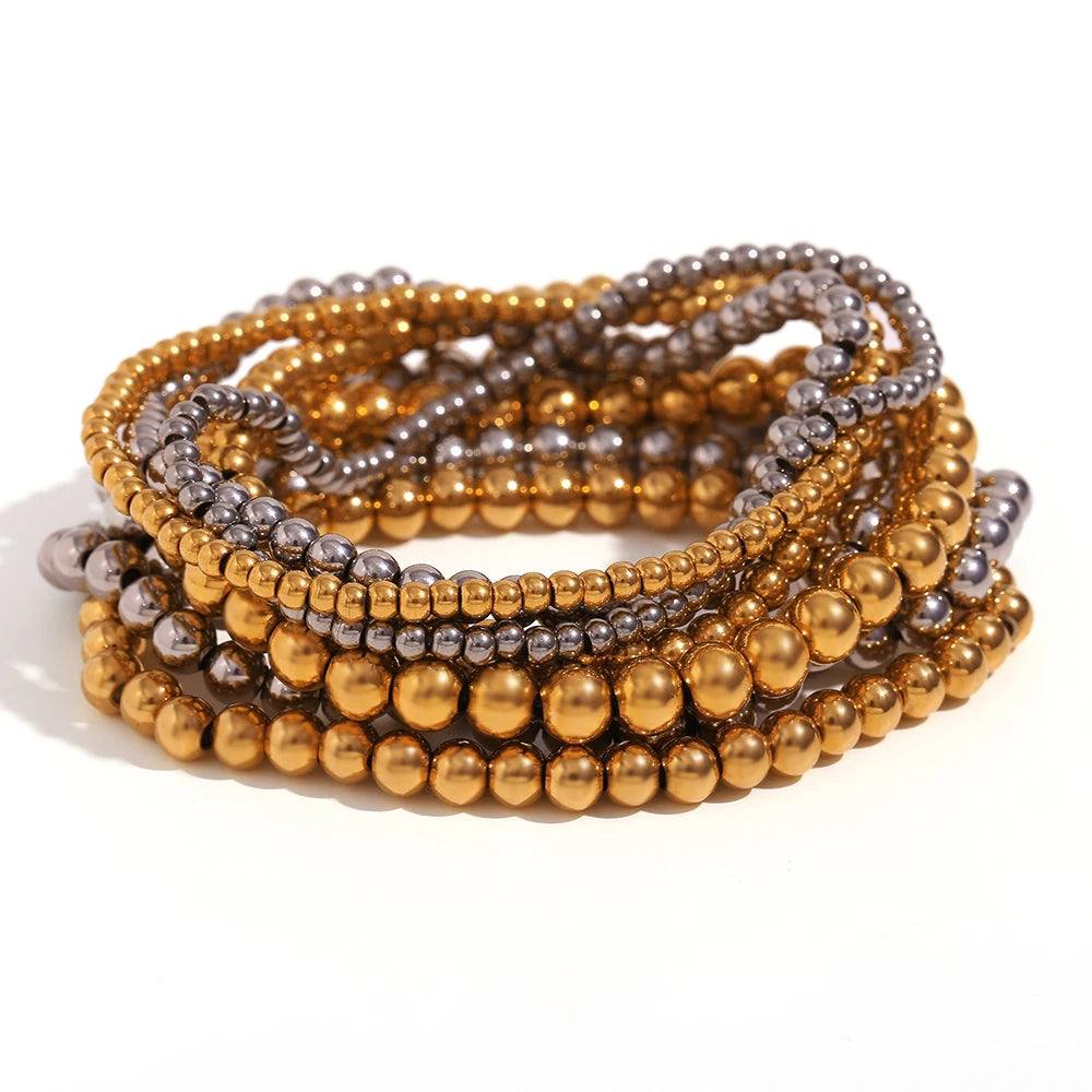 E.B.belle Gold Plated Silver Color Elastic Beads Bracelets Bangles For Woman Waterproof Stainless Steel Beaded Chain Bracelet
