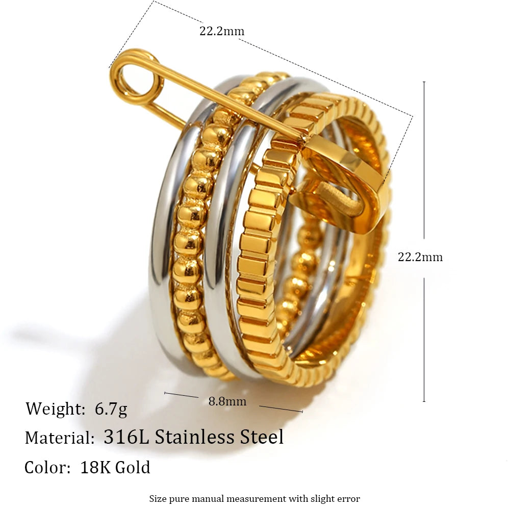 E.B.belle Stainless Steel PVD Plated Double Color Non Fixed Paper Clip Four Layers Ring Unique Design Trendy Women Finger Ring