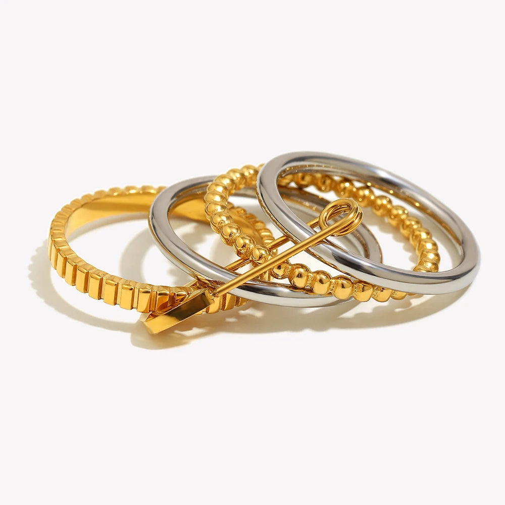 E.B.belle Stainless Steel PVD Plated Double Color Non Fixed Paper Clip Four Layers Ring Unique Design Trendy Women Finger Ring