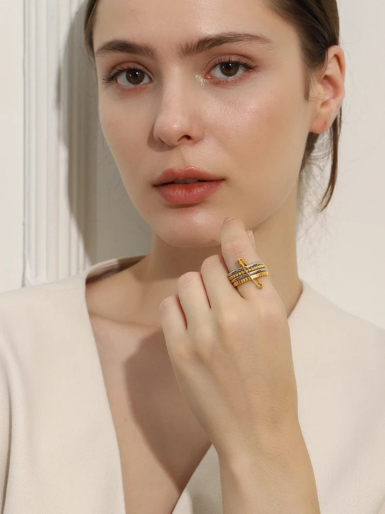 E.B.belle Stainless Steel PVD Plated Double Color Non Fixed Paper Clip Four Layers Ring Unique Design Trendy Women Finger Ring