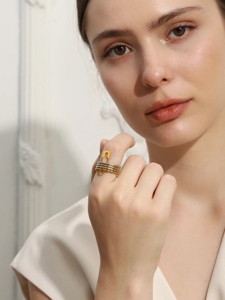 E.B.belle Stainless Steel PVD Plated Double Color Non Fixed Paper Clip Four Layers Ring Unique Design Trendy Women Finger Ring