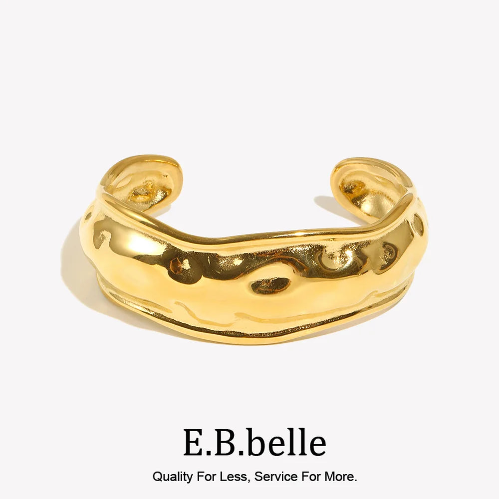 E.B.belle Open Wave Bracelet Tarnish Free 18K Gold Plated Jewelry Silver Color 316L Stainless Steel Women's Hand Bracelets