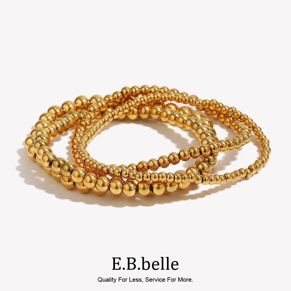 E.B.belle Gold Plated Silver Color Elastic Beads Bracelets Bangles For Woman Waterproof Stainless Steel Beaded Chain Bracelet