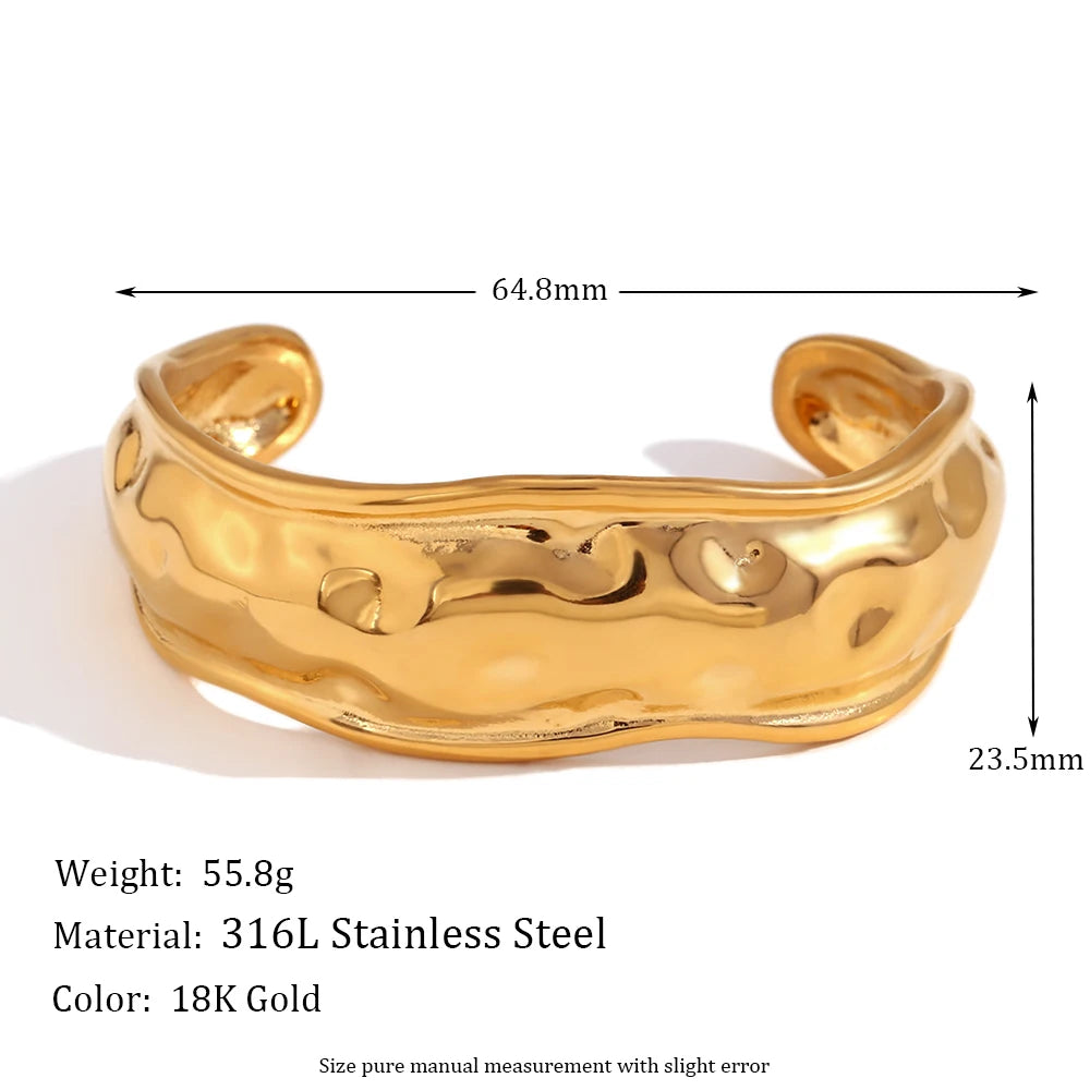 E.B.belle Open Wave Bracelet Tarnish Free 18K Gold Plated Jewelry Silver Color 316L Stainless Steel Women's Hand Bracelets