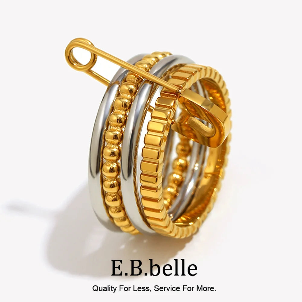 E.B.belle Stainless Steel PVD Plated Double Color Non Fixed Paper Clip Four Layers Ring Unique Design Trendy Women Finger Ring