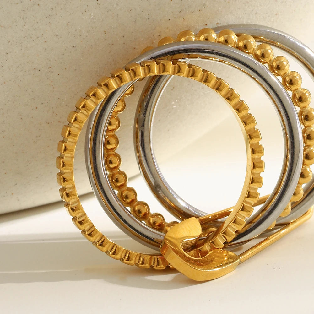 E.B.belle Stainless Steel PVD Plated Double Color Non Fixed Paper Clip Four Layers Ring Unique Design Trendy Women Finger Ring