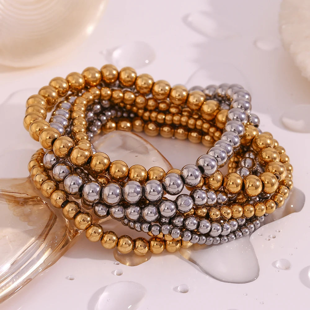 E.B.belle Gold Plated Silver Color Elastic Beads Bracelets Bangles For Woman Waterproof Stainless Steel Beaded Chain Bracelet