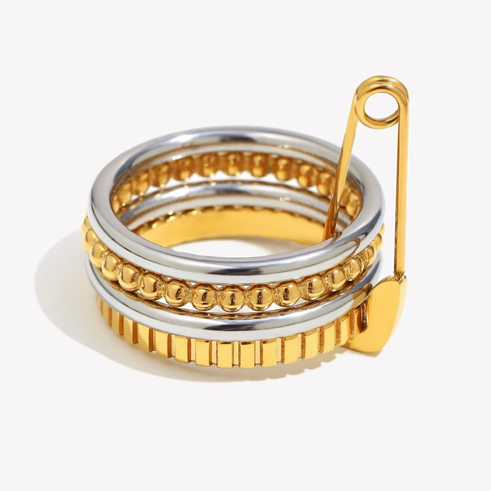 E.B.belle Stainless Steel PVD Plated Double Color Non Fixed Paper Clip Four Layers Ring Unique Design Trendy Women Finger Ring