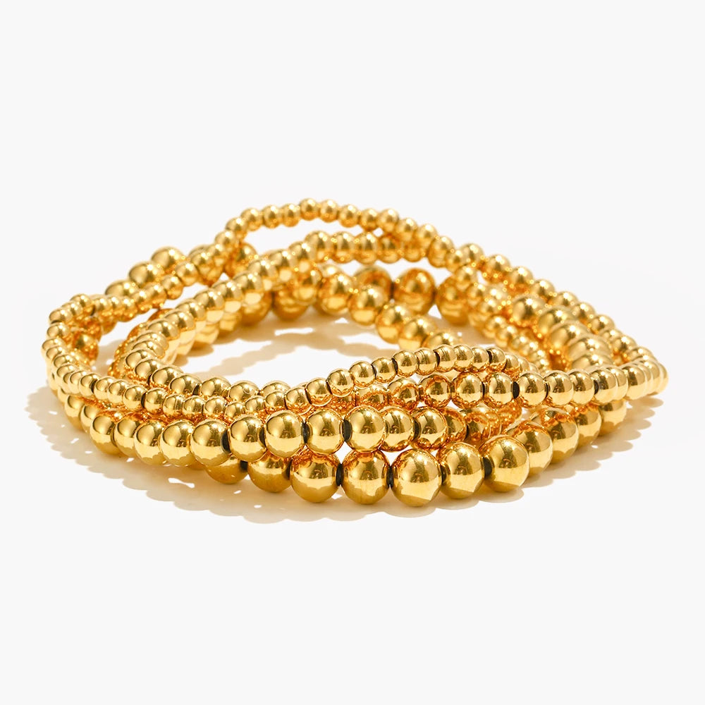 E.B.belle Gold Plated Silver Color Elastic Beads Bracelets Bangles For Woman Waterproof Stainless Steel Beaded Chain Bracelet