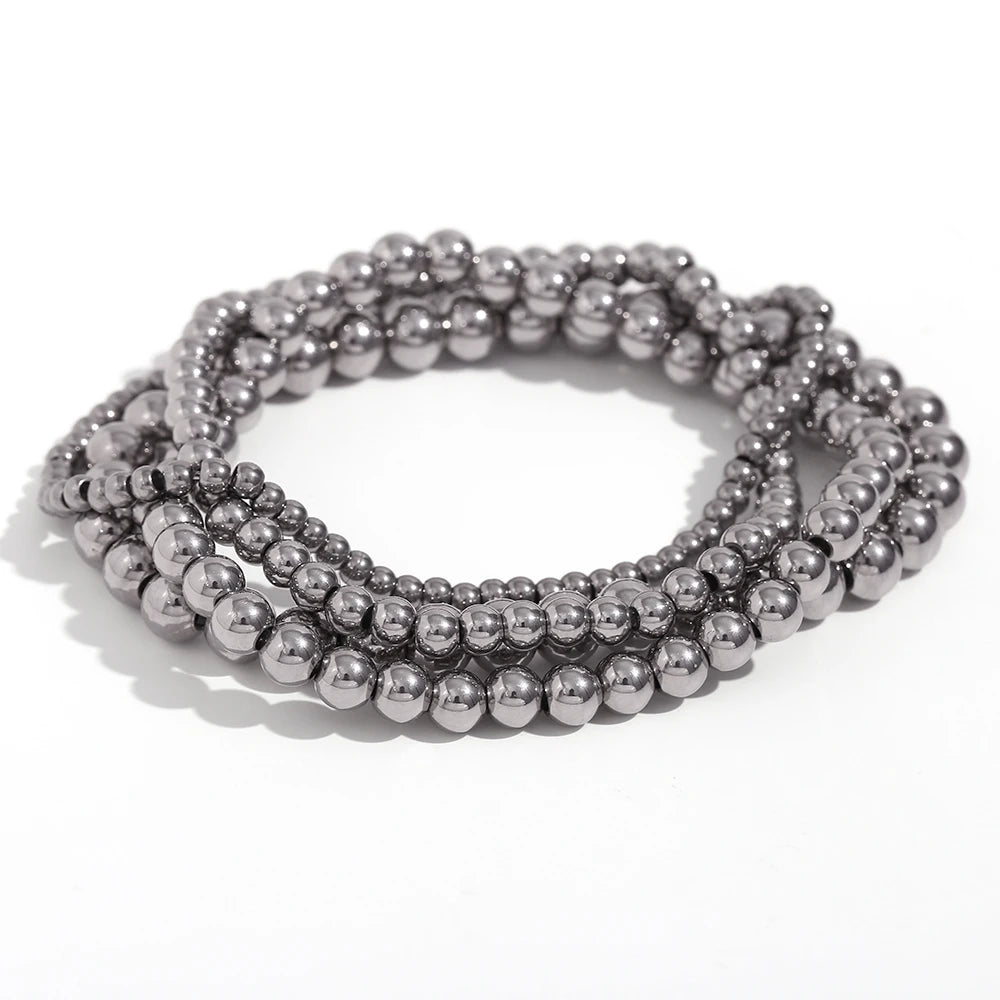 E.B.belle Gold Plated Silver Color Elastic Beads Bracelets Bangles For Woman Waterproof Stainless Steel Beaded Chain Bracelet