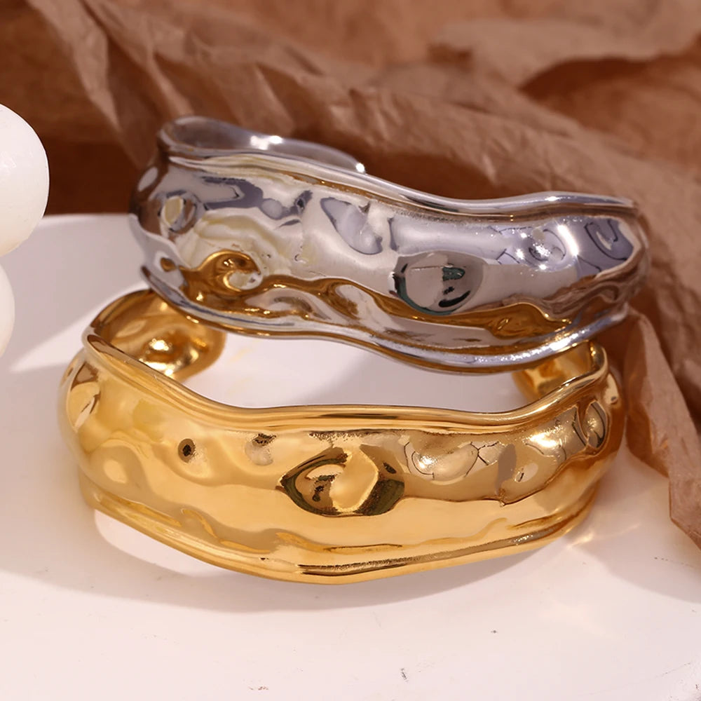 E.B.belle Open Wave Bracelet Tarnish Free 18K Gold Plated Jewelry Silver Color 316L Stainless Steel Women's Hand Bracelets