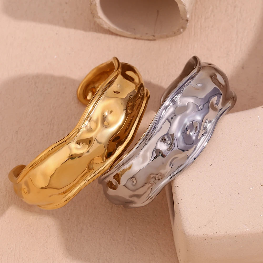 E.B.belle Open Wave Bracelet Tarnish Free 18K Gold Plated Jewelry Silver Color 316L Stainless Steel Women's Hand Bracelets
