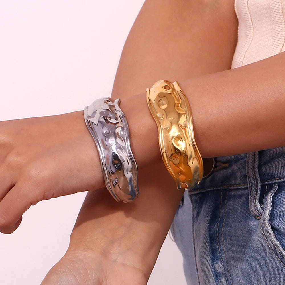 E.B.belle Open Wave Bracelet Tarnish Free 18K Gold Plated Jewelry Silver Color 316L Stainless Steel Women's Hand Bracelets