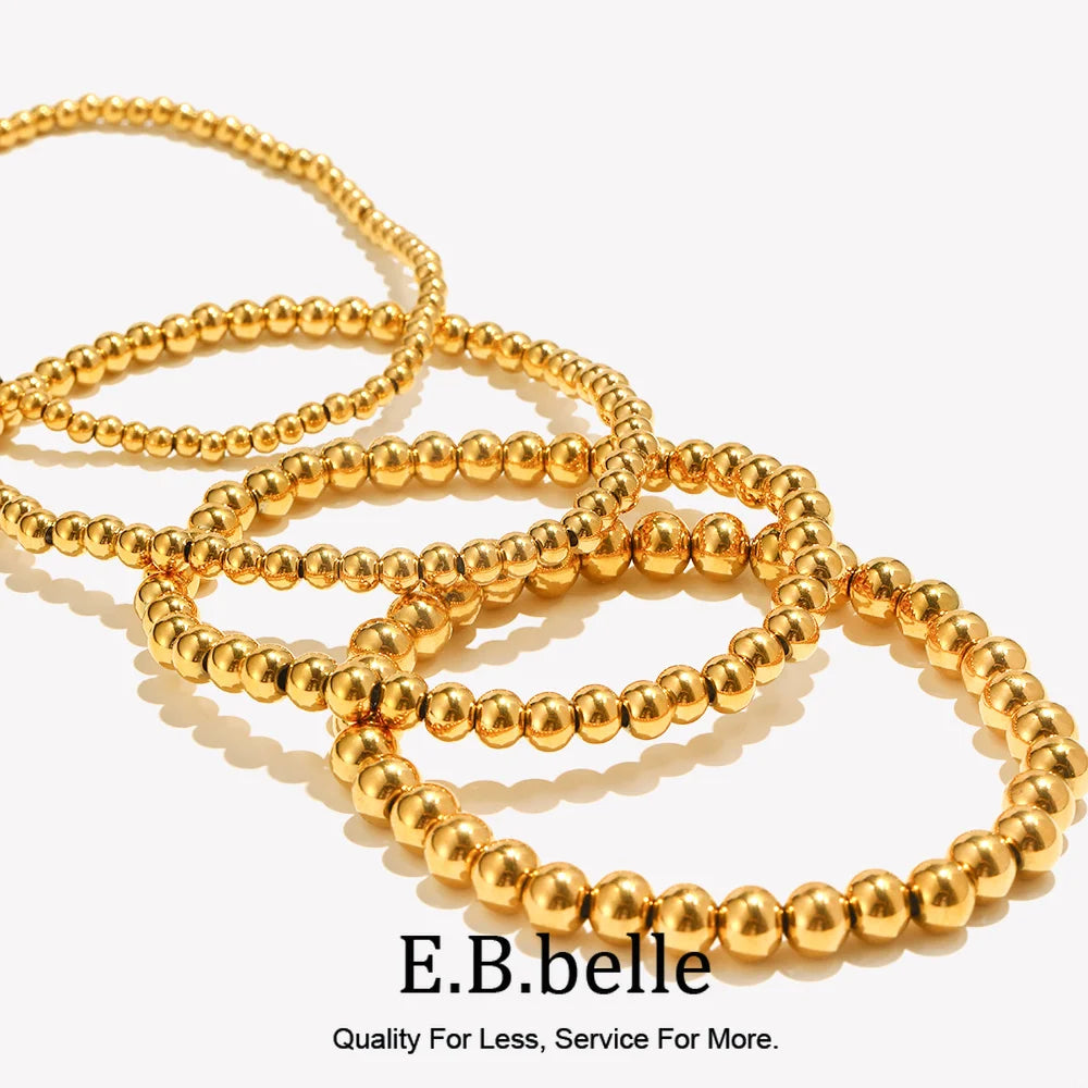 E.B.belle Gold Plated Silver Color Elastic Beads Bracelets Bangles For Woman Waterproof Stainless Steel Beaded Chain Bracelet
